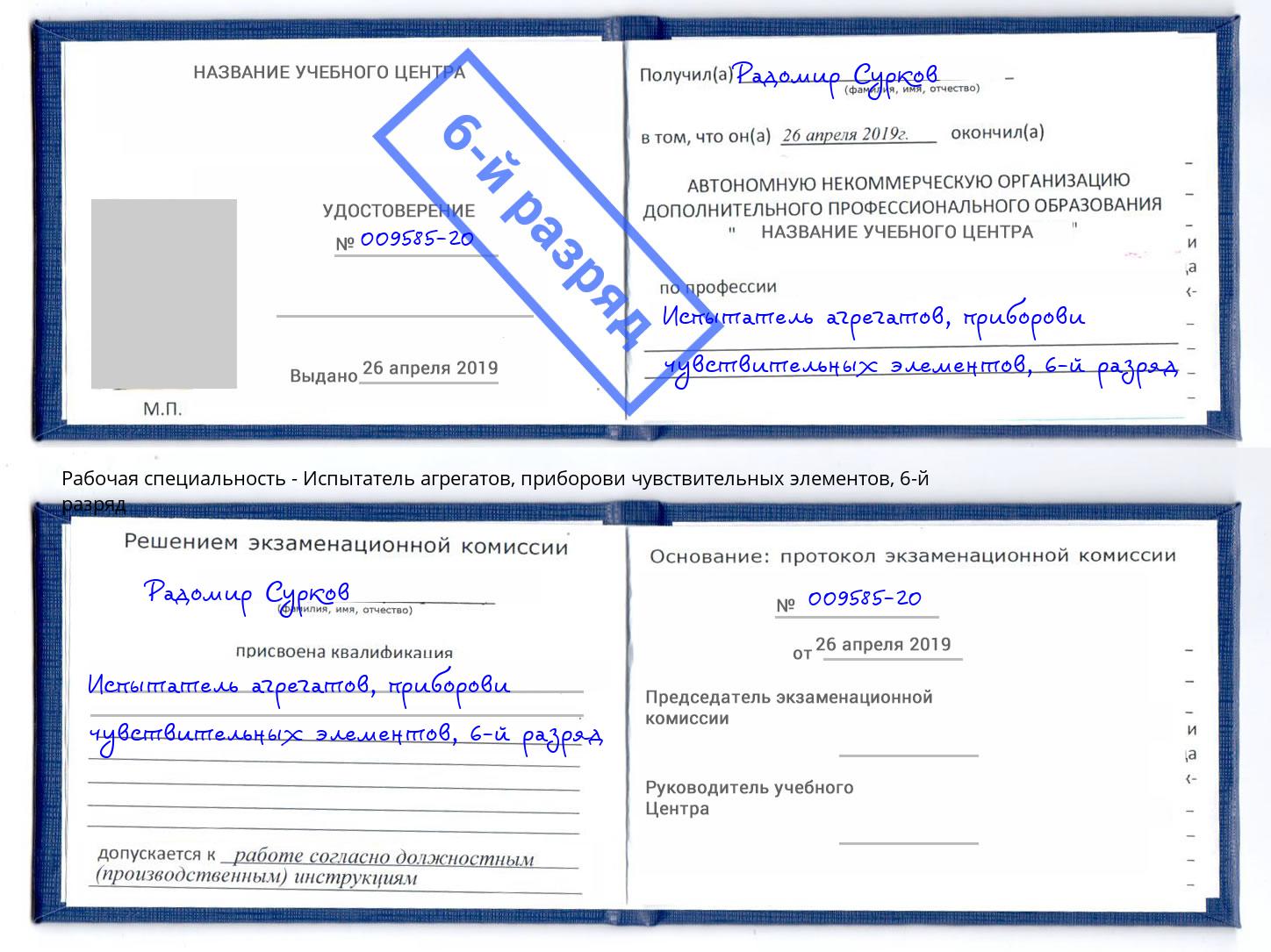 корочка 6-й разряд Испытатель агрегатов, приборови чувствительных элементов Кыштым