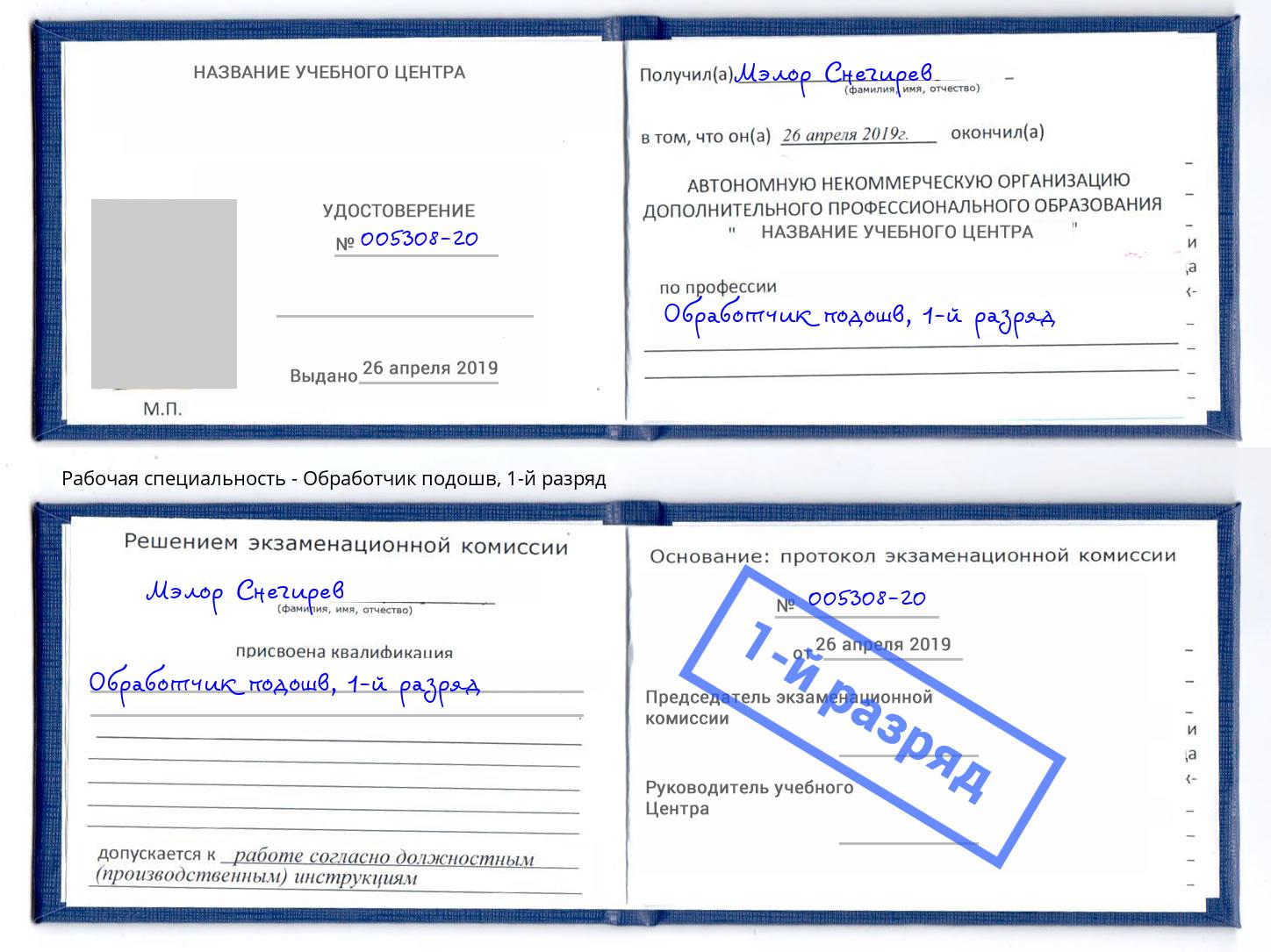 корочка 1-й разряд Обработчик подошв Кыштым