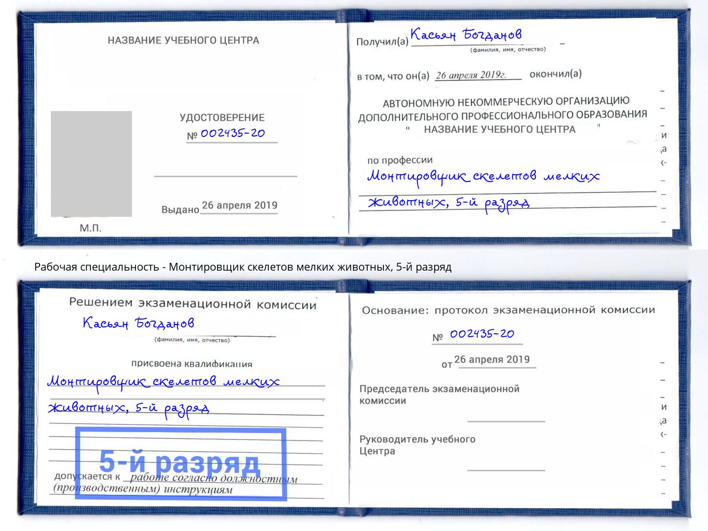 корочка 5-й разряд Монтировщик скелетов мелких животных Кыштым