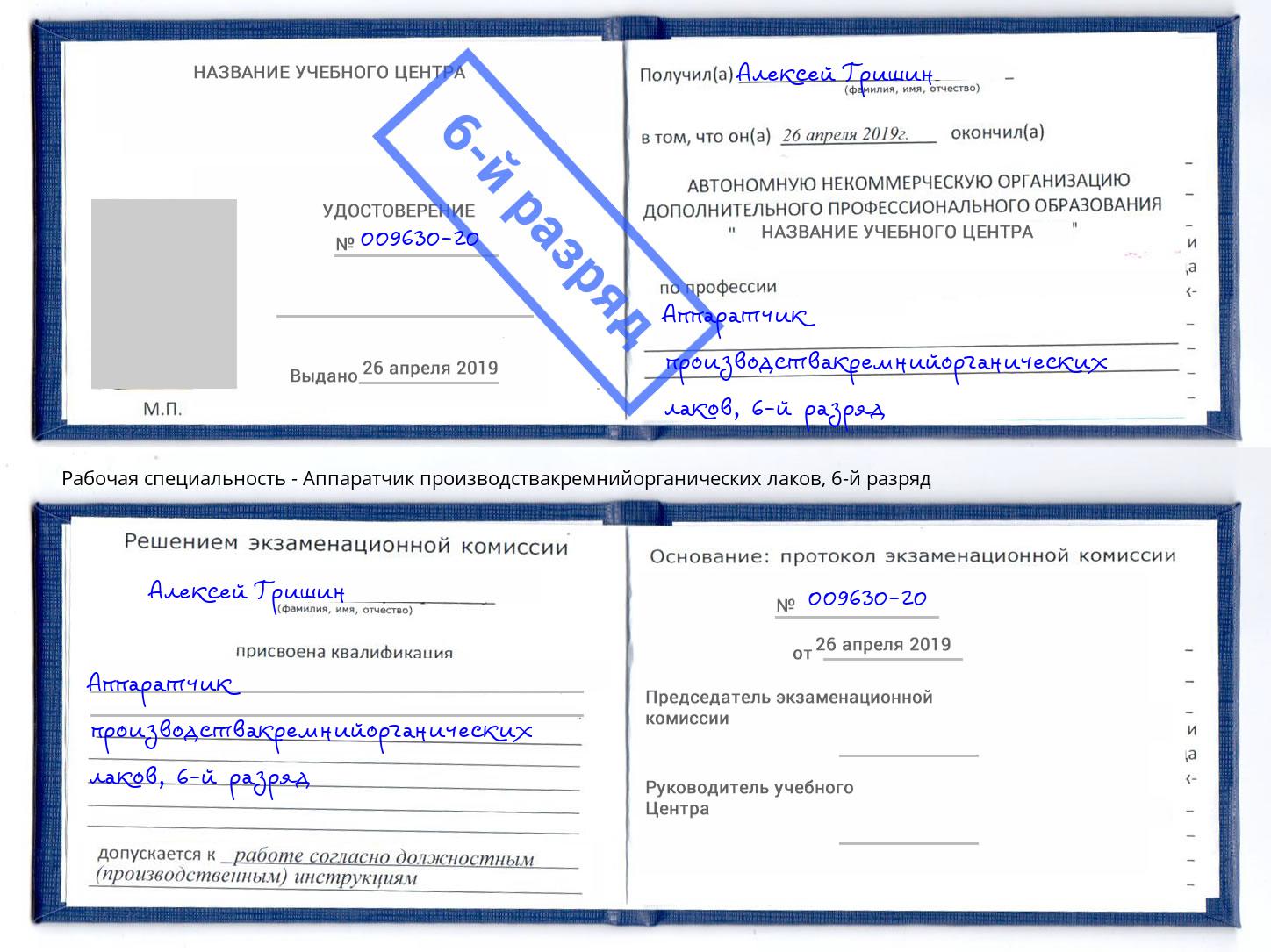 корочка 6-й разряд Аппаратчик производствакремнийорганических лаков Кыштым