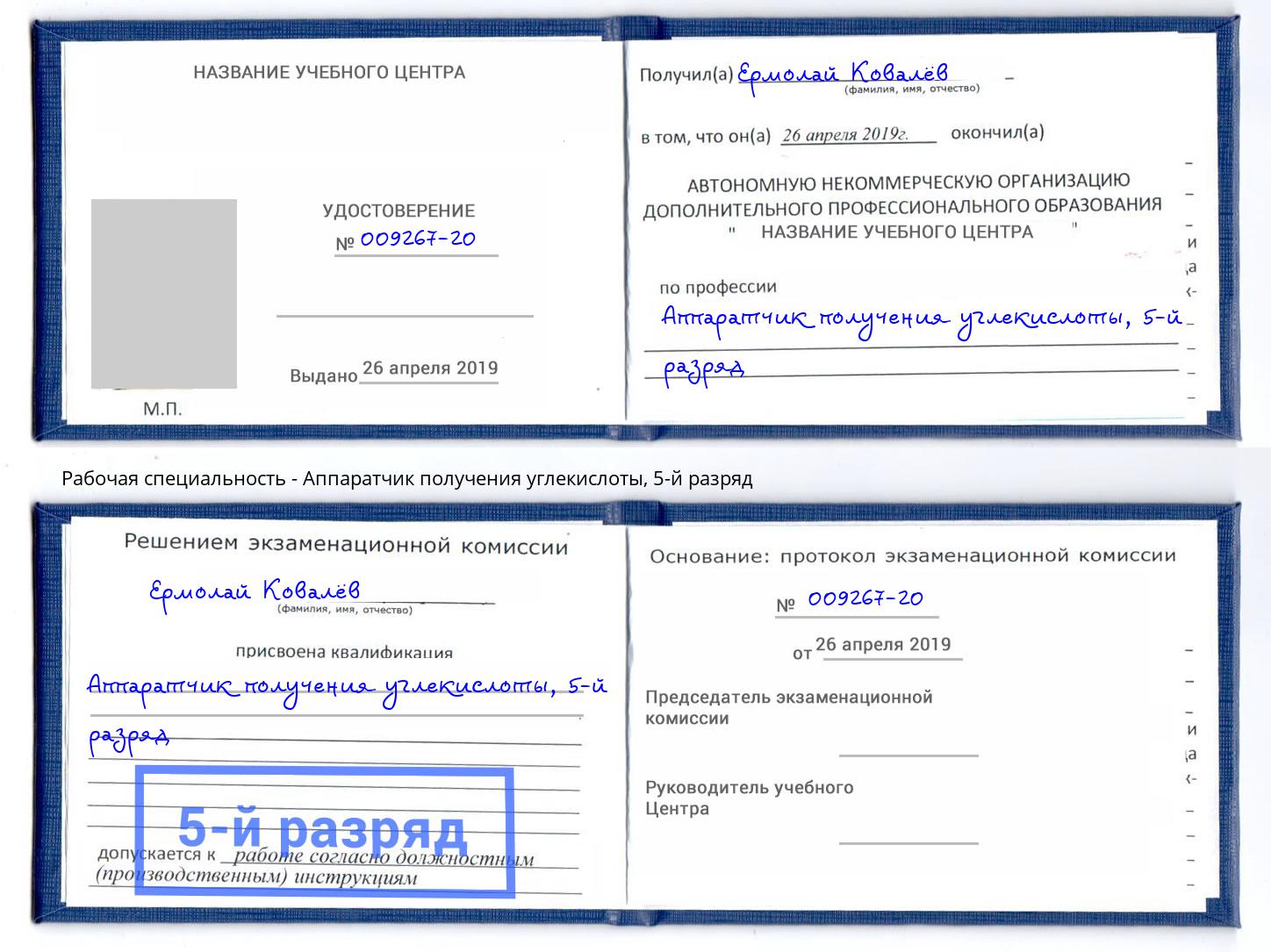 корочка 5-й разряд Аппаратчик получения углекислоты Кыштым