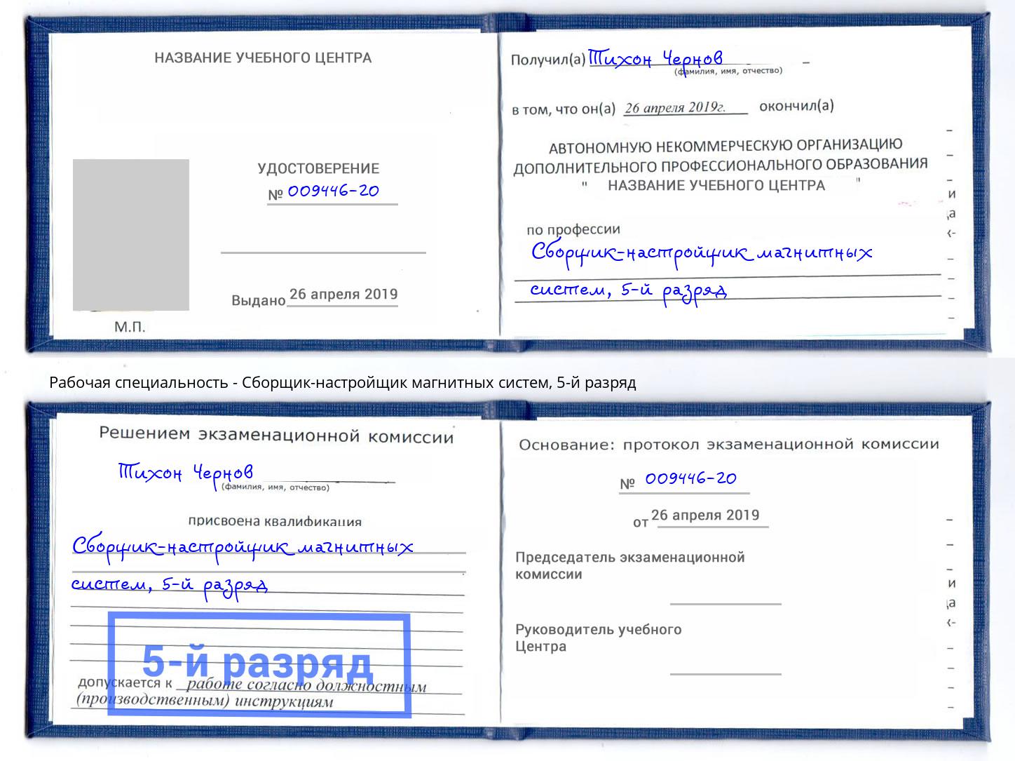 корочка 5-й разряд Сборщик-настройщик магнитных систем Кыштым